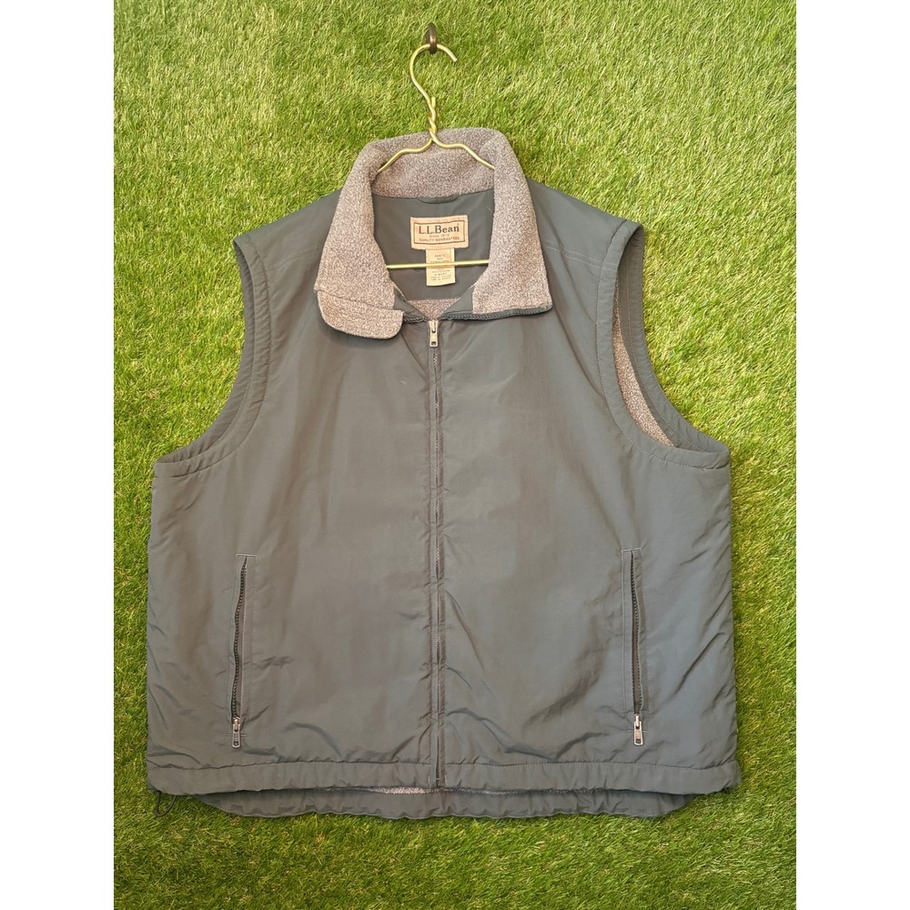 LL Bean Three Season Vest Mens XL Gray Green Fleece Lined Full Zip Nylon 0WY07